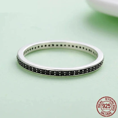 Breathtaking 925 Sterling Silver Double Circle Black Clear CZ Stackable Ring - Rings