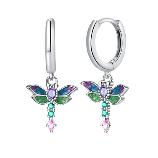 Vibrant Dragonfly Sterling Silver Hoop Earrings - Drop
