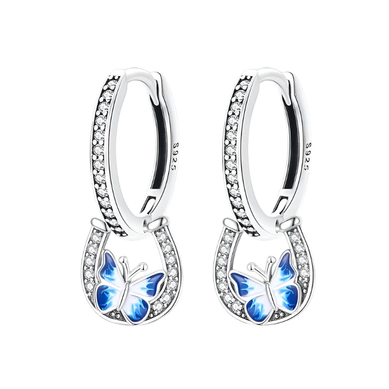 Lucky Charm Blue Butterfly Sterling Silver Hoop Earrings - Drop