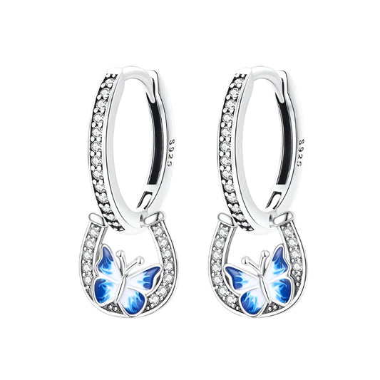 Lucky Charm Blue Butterfly Sterling Silver Hoop Earrings - Drop