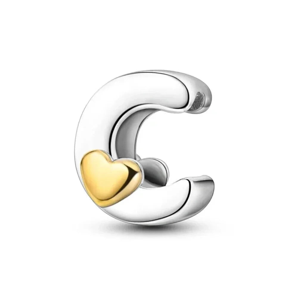 Personalize Your Bracelet: 925 Silver Alphabet Bead with Gold Heart - C - Charms