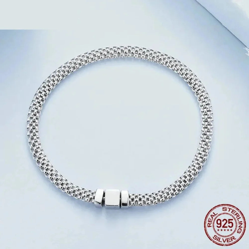 925 Sterling Silver Classic Square Buckle Bracelet Retro Braided Chain Link for Women Platinum Plated Fine jewellery