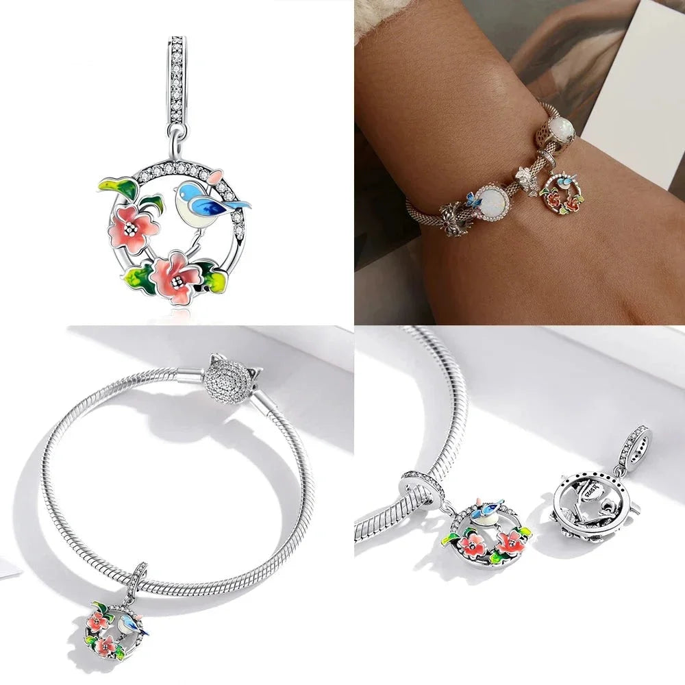 925 Sterling Silver Colorful Birds Flowers Leaves CZ Pendant - jewellery Charm for Bracelets and Necklaces - Charms
