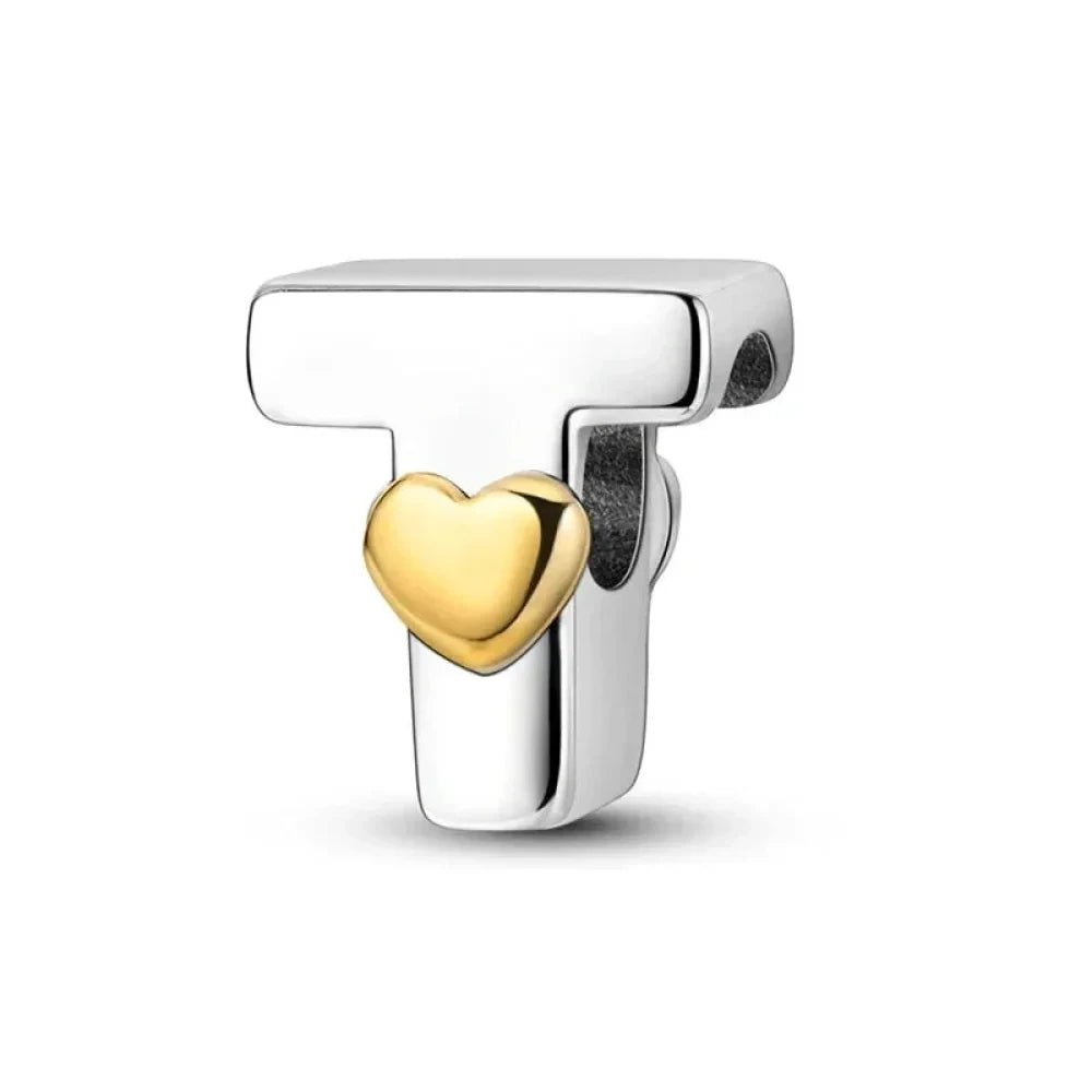 Personalize Your Bracelet: 925 Silver Alphabet Bead with Gold Heart - T - Charms