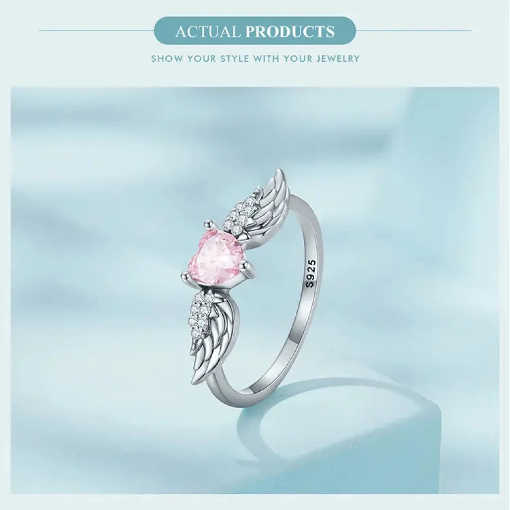 925 Sterling Silver Pink Heart Zircon Ring for Women - Love & Wing - Rings