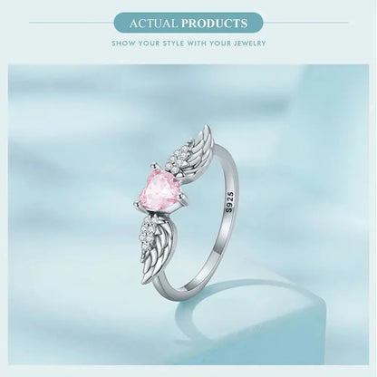 925 Sterling Silver Pink Heart Zircon Ring for Women - Love & Wing - Rings