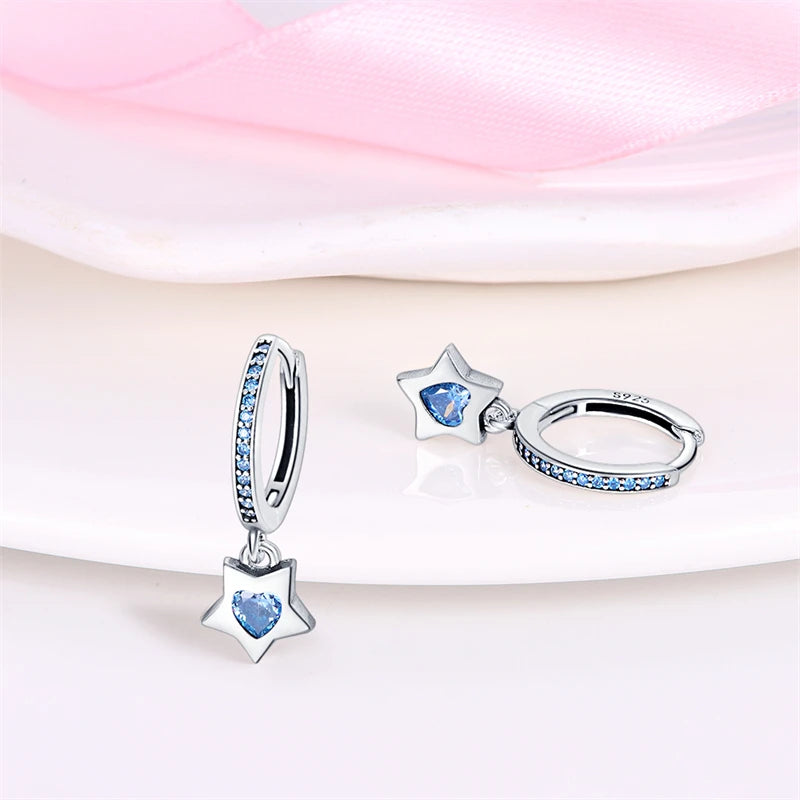 Celestial Charm Sterling Silver Hoop Earrings With Blue Star And Heart - Drop