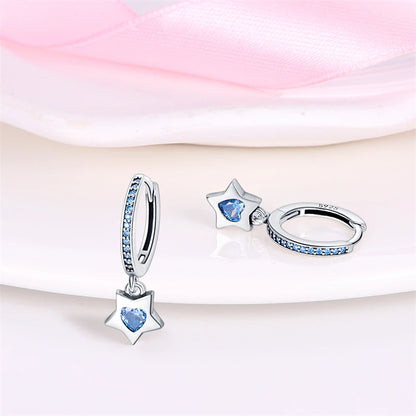 Celestial Charm Sterling Silver Hoop Earrings With Blue Star And Heart - Drop