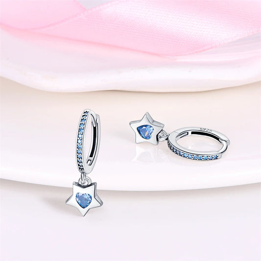 Celestial Charm Sterling Silver Hoop Earrings With Blue Star And Heart - Drop