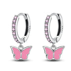 Charming Pink Butterfly Sterling Silver Hoop Earrings With Cubic Zirconia Drop
