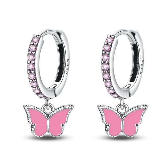 Charming Pink Butterfly Sterling Silver Hoop Earrings With Cubic Zirconia - Drop