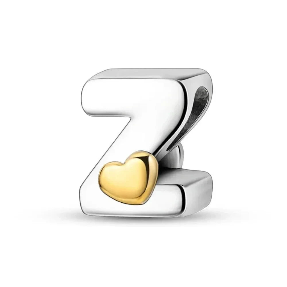 Personalize Your Bracelet: 925 Silver Alphabet Bead with Gold Heart - Z - Charms
