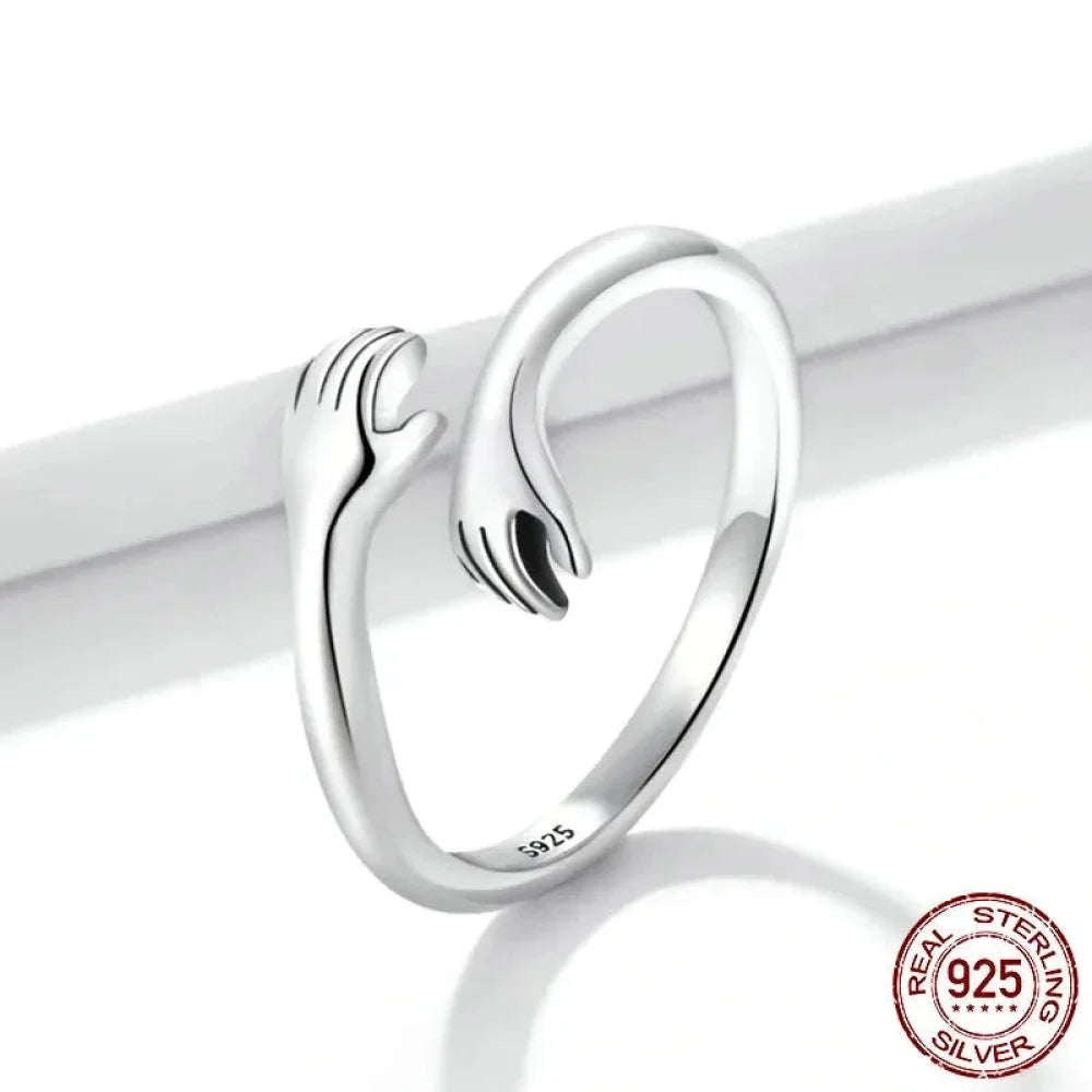 925 Sterling Silver Hug Warmth and Love Hand Adjustable Ring for Women - His Big Loving Hugs in 3 Colors - Rings
