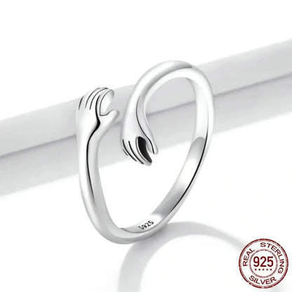 925 Sterling Silver Hug Warmth and Love Hand Adjustable Ring for Women - His Big Loving Hugs in 3 Colors - Rings