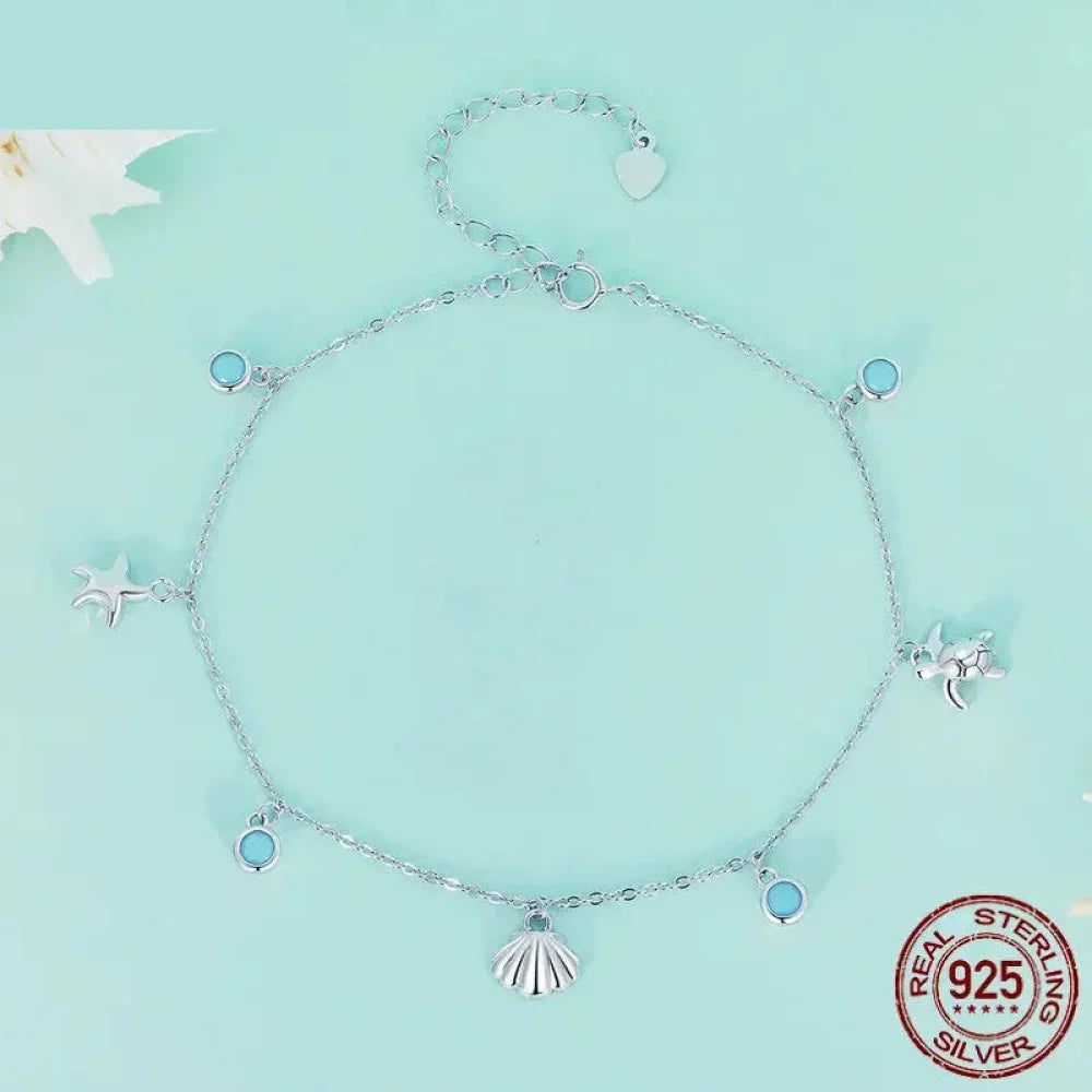 925 Sterling Silver Seastar and Shell Pendant Anklet | Simple Chain Foot jewellery for Women | Platinum Plated Summer