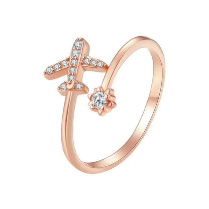 Genuine 925 Sterling Silver Flying Plane Open Adjustable Ring with Clear CZ - Fine jewellery - Rose Gold - Rings