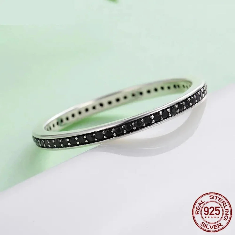Breathtaking 925 Sterling Silver Double Circle Black Clear CZ Stackable Ring - Rings