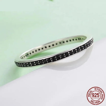 Breathtaking 925 Sterling Silver Double Circle Black Clear CZ Stackable Ring - Rings