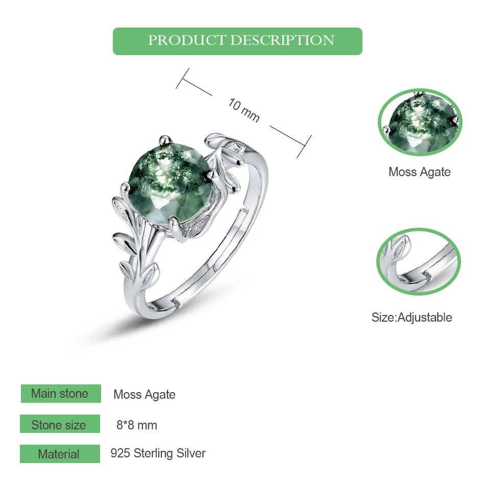 Nature’s Embrace: Adjustable Sterling Silver Moss Agate Ring Rings
