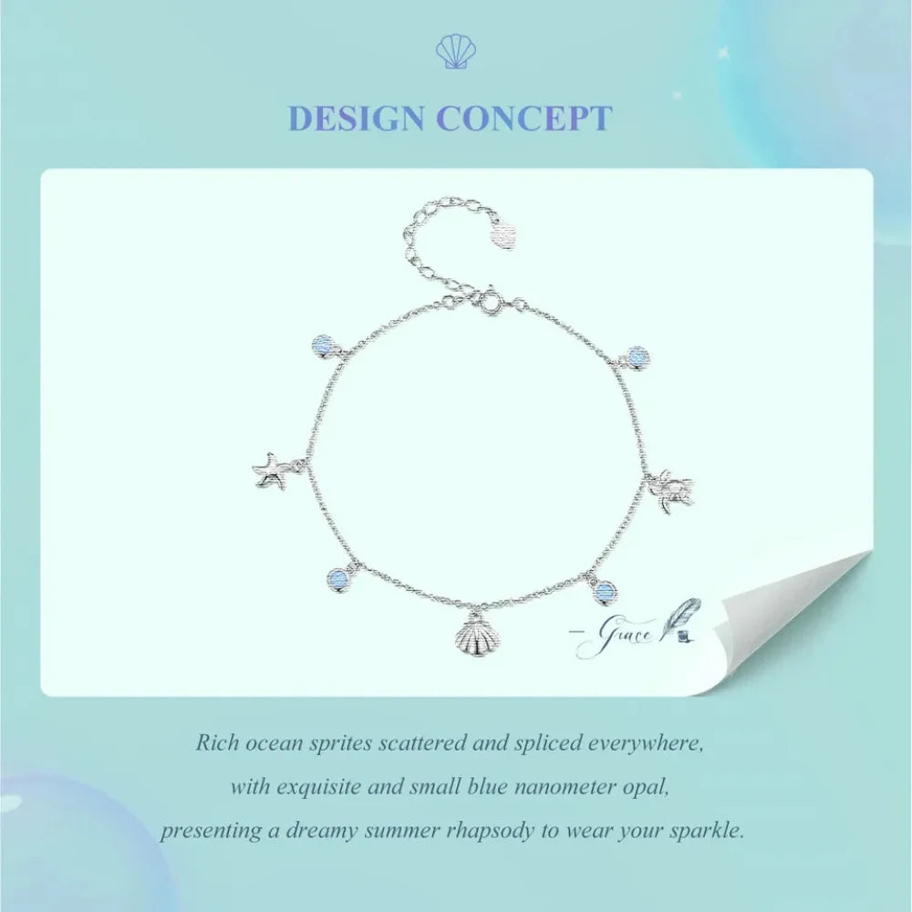 925 Sterling Silver Seastar and Shell Pendant Anklet | Simple Chain Foot jewellery for Women | Platinum Plated Summer