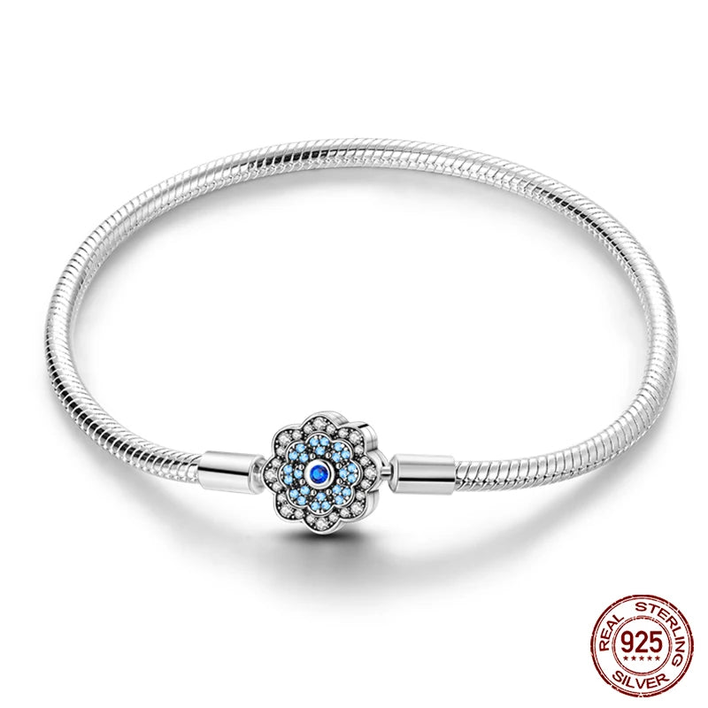 Radiant Blue Flower Clasp Sterling Silver Bracelet - 20 Cm - Charm Bracelets