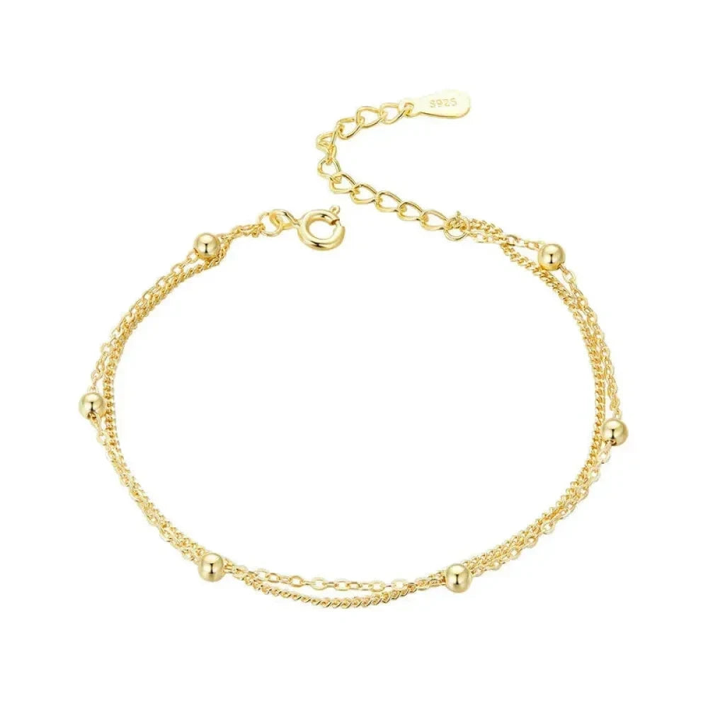 Double-Layered Round Beads 925 Sterling Silver Chain Bracelet with 14K Gold Plating - Bracelets