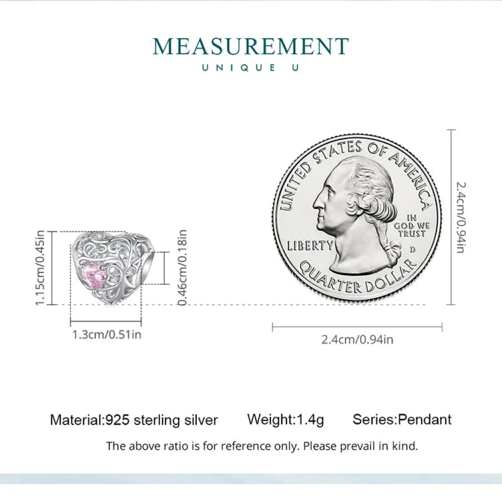 925 Sterling Silver DIY Heart Charm with Pink Zircon - BSC777 - Charms