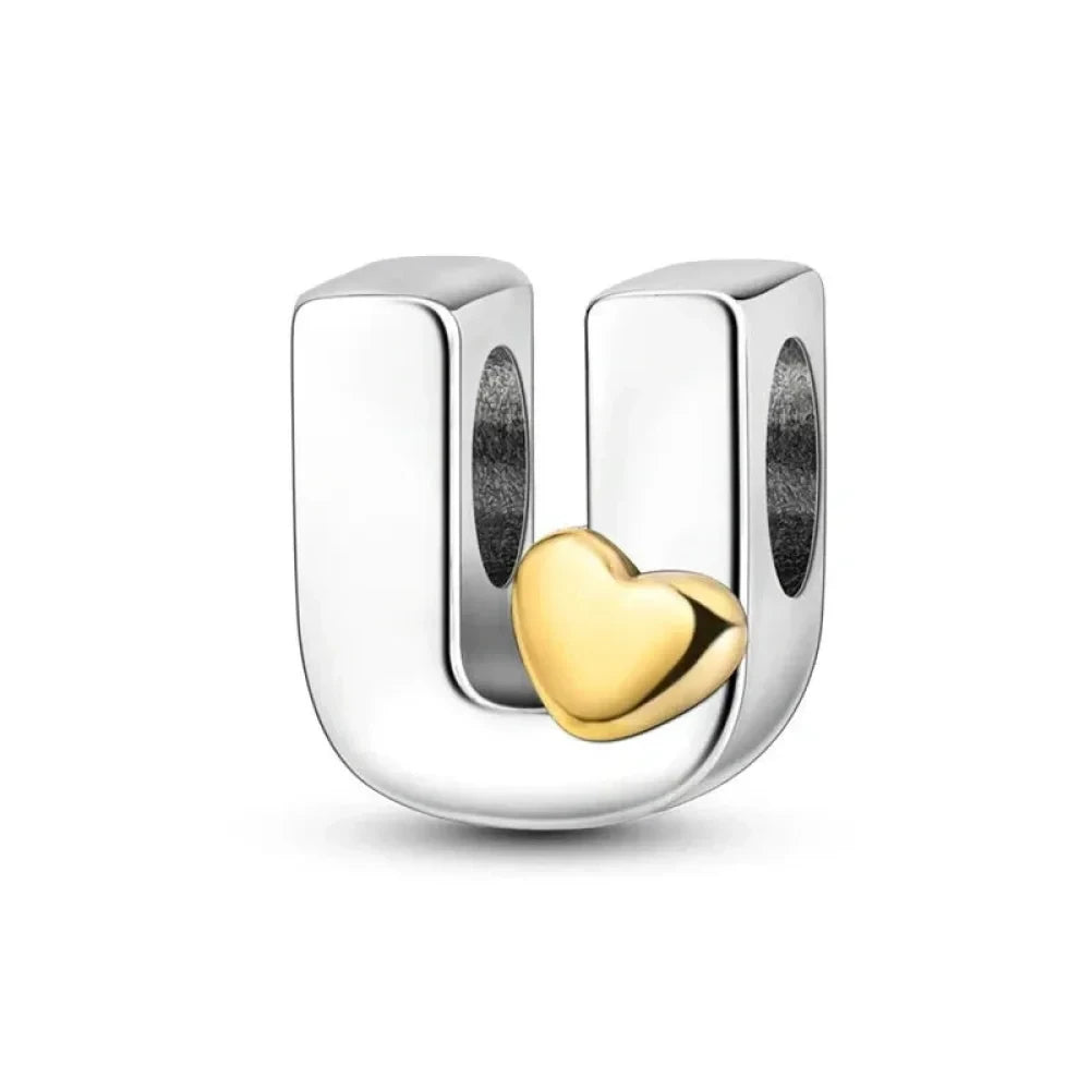 Personalize Your Bracelet: 925 Silver Alphabet Bead with Gold Heart - U - Charms