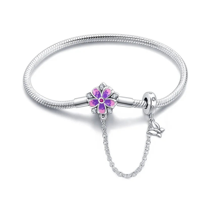 Enchanting Floral Sterling Silver Charm Bracelet With Safety Chain - Bracelets