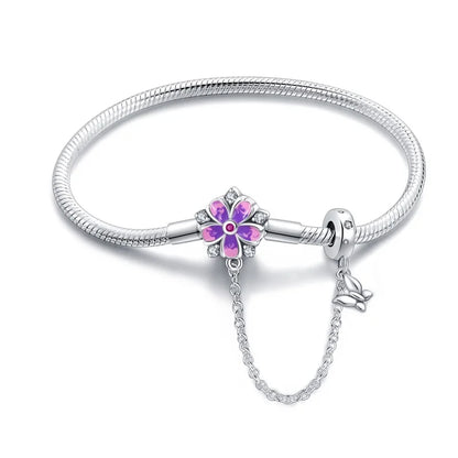 Enchanting Floral Sterling Silver Charm Bracelet With Safety Chain - Bracelets