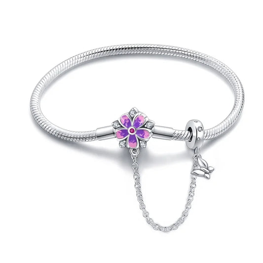 Enchanting Floral Sterling Silver Charm Bracelet With Safety Chain - Bracelets