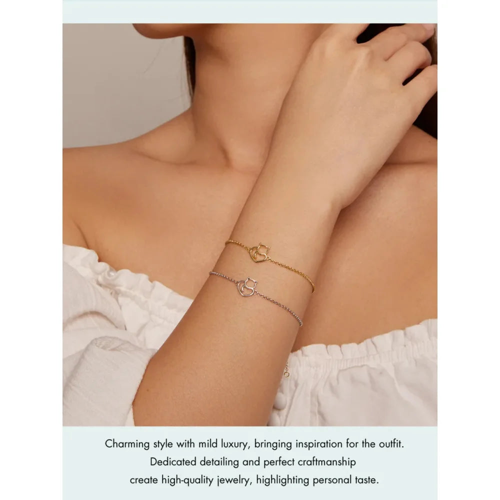 925 Sterling Silver Cat & Heart Link Chain Bracelets | Authentic jewellery Gift in 3 Colors