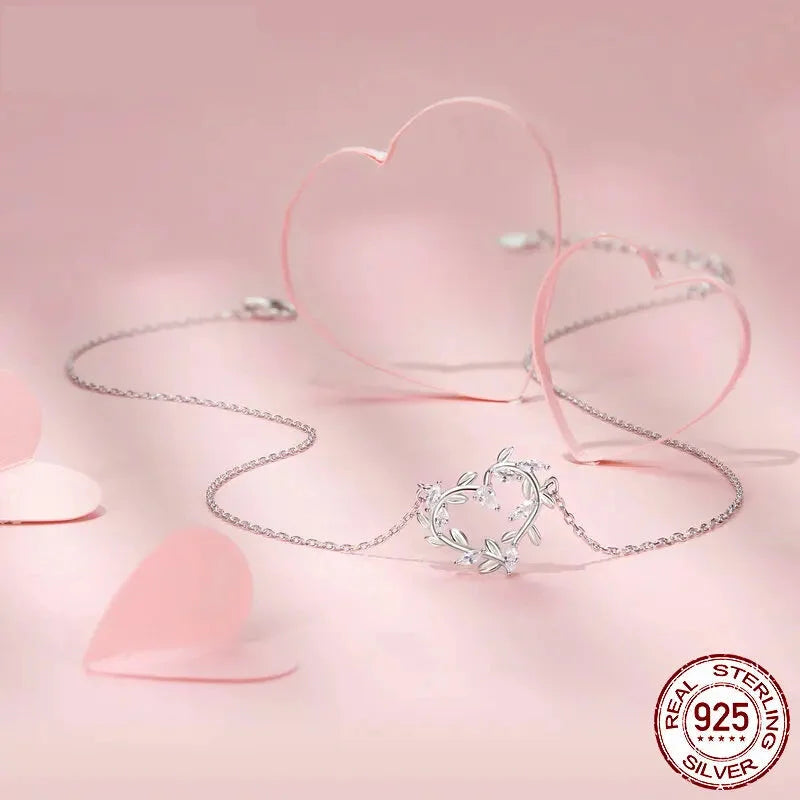Infinite Love: White Gold Plated Leaves Heart Sterling Silver Necklace - Necklaces