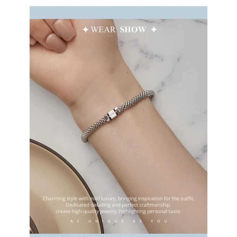 925 Sterling Silver Classic Square Buckle Bracelet Retro Braided Chain Link for Women Platinum Plated Fine jewellery