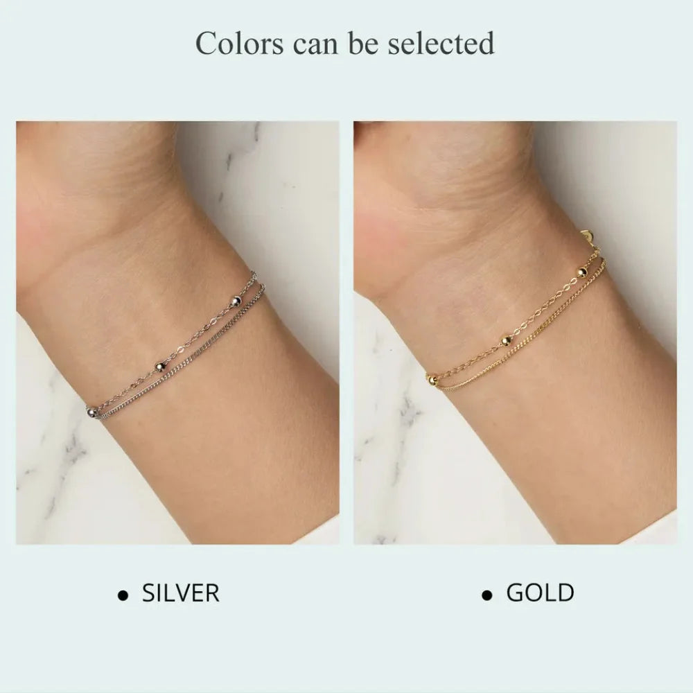 Double-Layered Round Beads 925 Sterling Silver Chain Bracelet with 14K Gold Plating - Bracelets