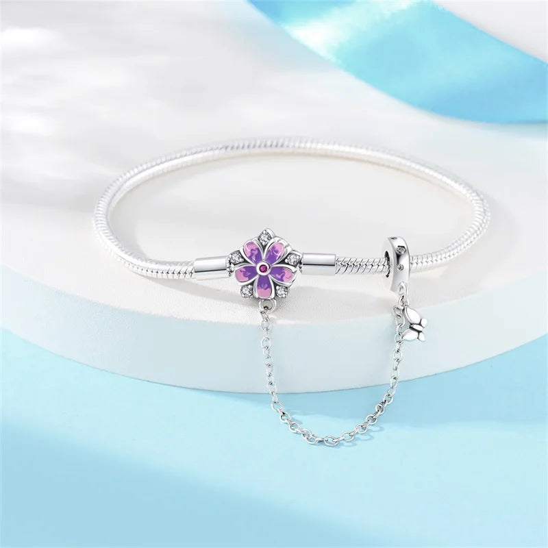 Enchanting Floral Sterling Silver Charm Bracelet With Safety Chain - Bracelets