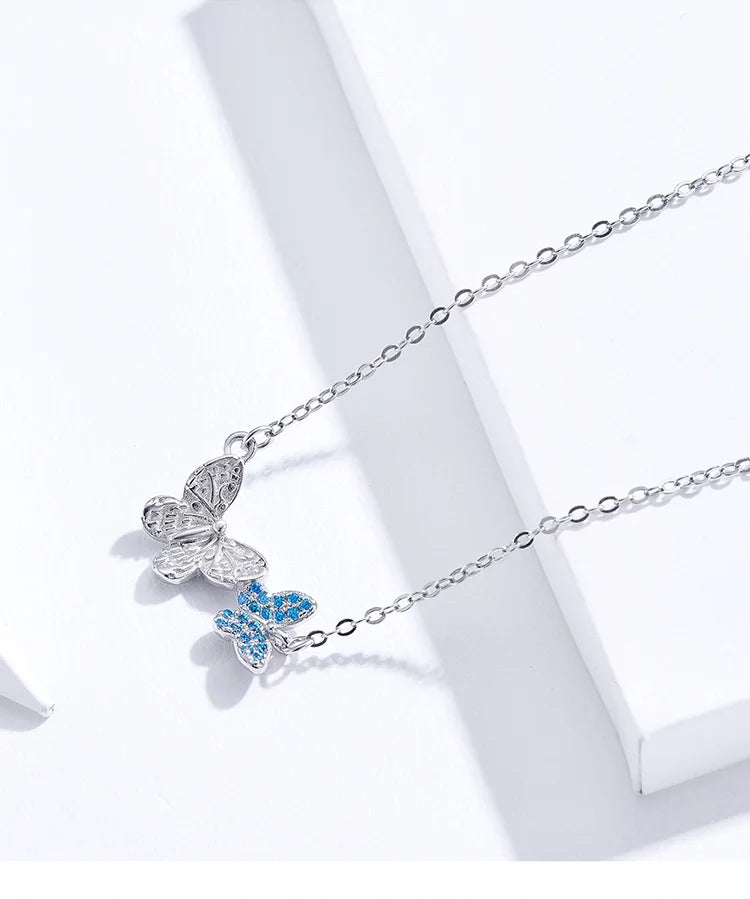 Soar with Style: Blue Zircon Korean Style Sterling Silver Butterfly Necklace - Necklaces