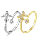 Genuine 925 Sterling Silver Flying Plane Open Adjustable Ring With Clear Cz Fine Jewelry Rings