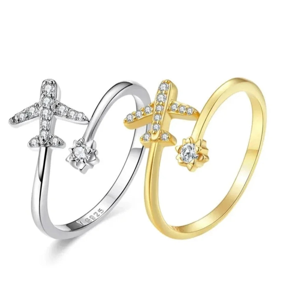 Genuine 925 Sterling Silver Flying Plane Open Adjustable Ring with Clear CZ - Fine jewellery - Rings