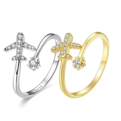 Genuine 925 Sterling Silver Flying Plane Open Adjustable Ring with Clear CZ - Fine jewellery - Rings