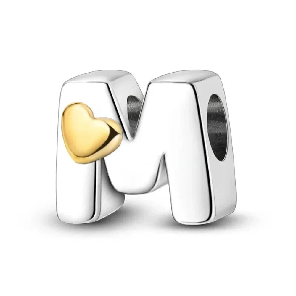 Personalize Your Bracelet: 925 Silver Alphabet Bead with Gold Heart - M - Charms