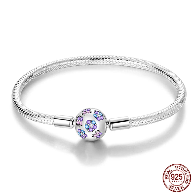 Floral Clasp Sterling Silver Snake Chain Bracelet - 20 Cm - Charm Bracelets