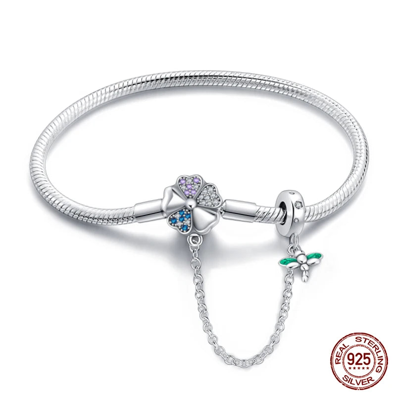 Delicate Sterling Silver Bracelet with Clover and Dragonfly Charms - 20 Cm - Charm Bracelets