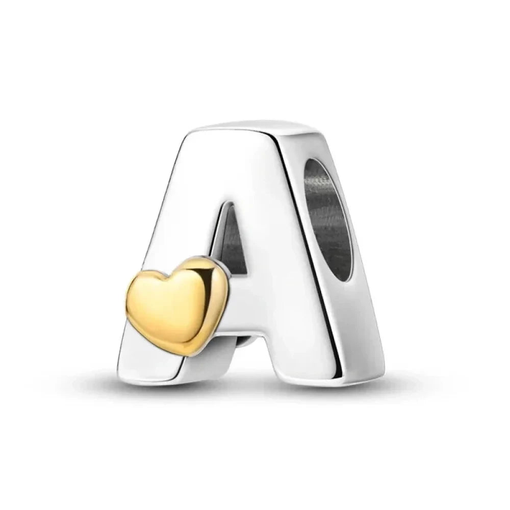 Personalize Your Bracelet: 925 Silver Alphabet Bead with Gold Heart - Charms