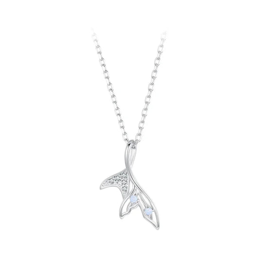 Delicate Fishtail Necklace - Shimmering Blue Nano Opal & White Gold Plate - Pendant Necklaces