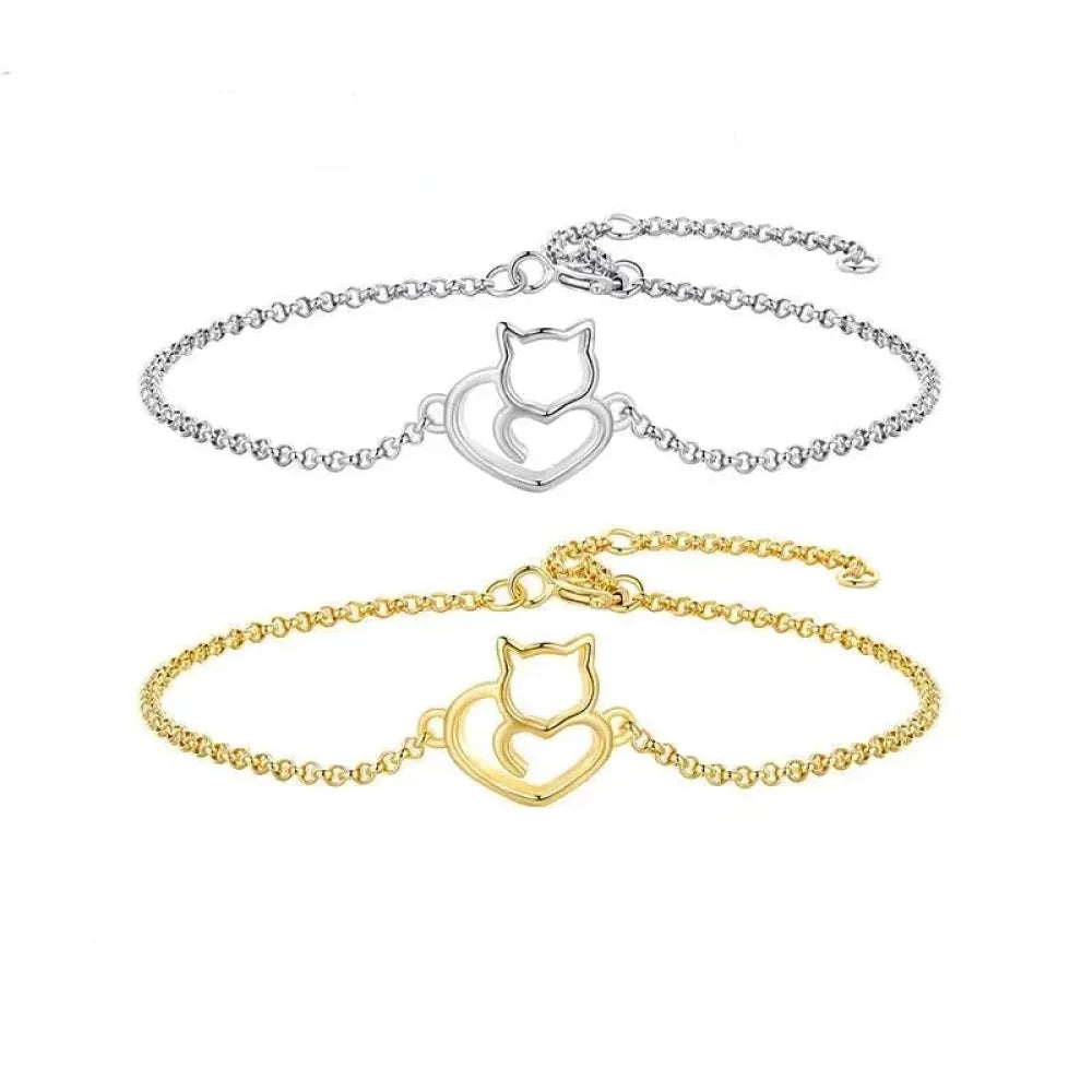 925 Sterling Silver Cat & Heart Link Chain Bracelets | Authentic jewellery Gift in 3 Colors