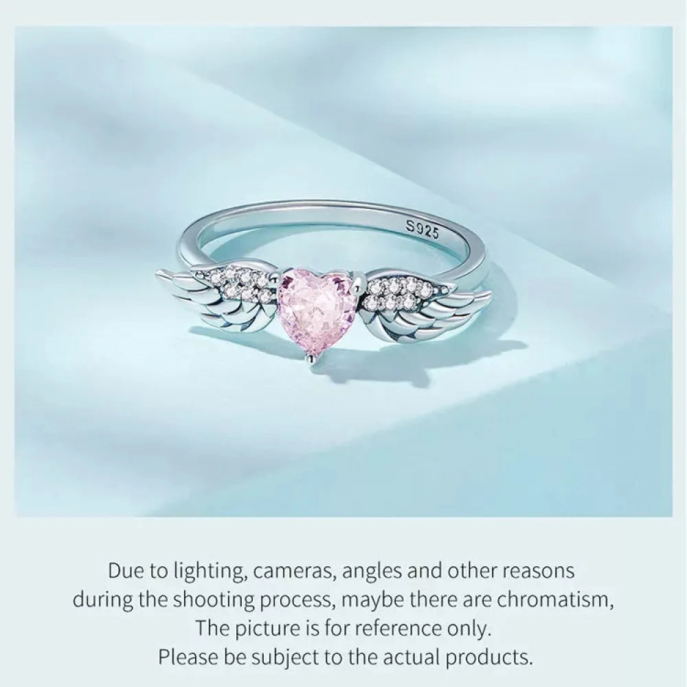 925 Sterling Silver Pink Heart Zircon Ring for Women - Love & Wing - Rings