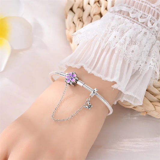 Enchanting Floral Sterling Silver Charm Bracelet With Safety Chain - Bracelets