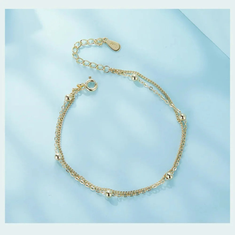 Double-Layered Round Beads 925 Sterling Silver Chain Bracelet with 14K Gold Plating - Bracelets