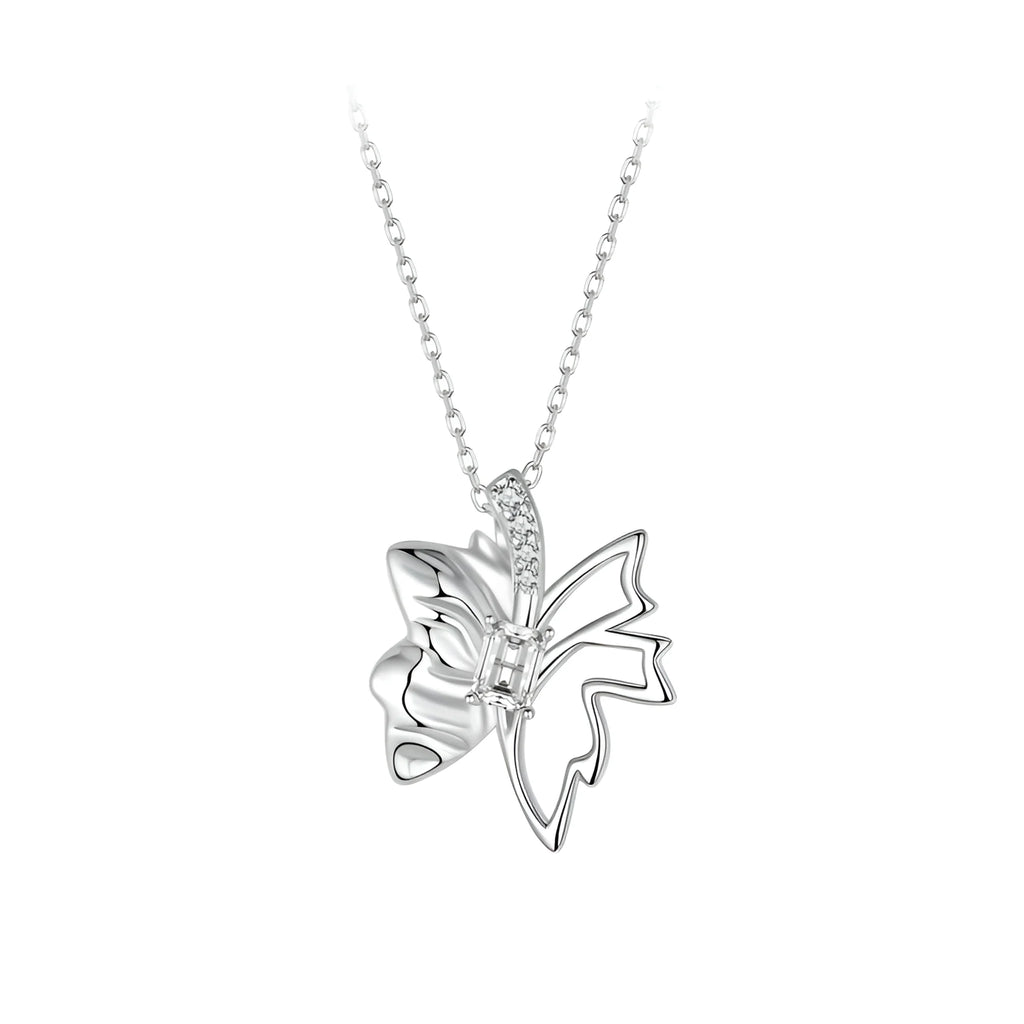 Autumn Elegance: White Gold Plated Sterling Silver Leaf Butterfly Necklace Pendant Necklaces